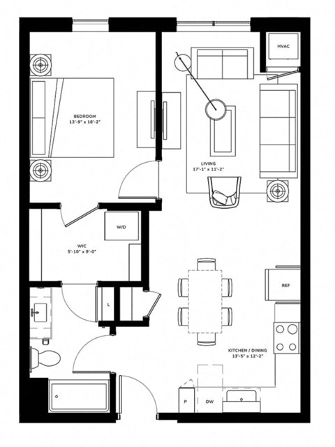 Floor plan for 1 bed, 1 bath, 719 sqft