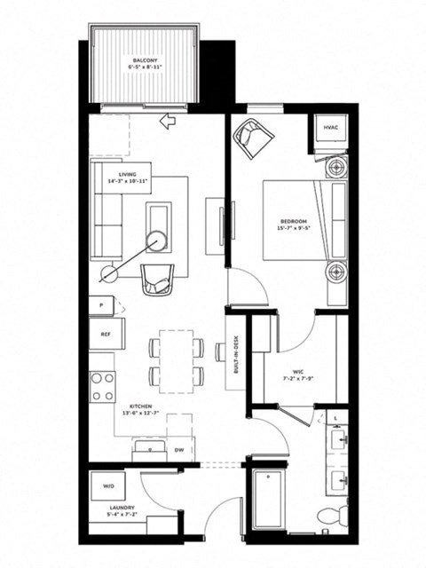 Floor plan for 1 bed, 1 bath, 753 sqft