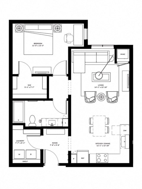 Floor plan for 1 bed, 1 bath, 791 sqft