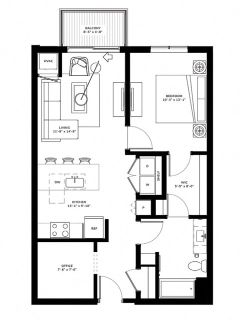 Floor plan for 1 bed, 1 bath, 791 sqft