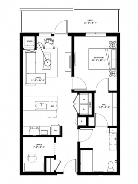 Floor plan for 1 bed, 1 bath, 791 sqft