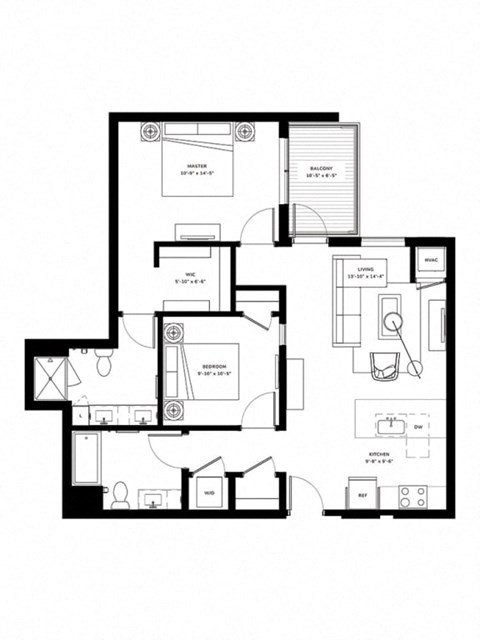 Floor plan for 2 beds, 2 baths, 1005 sqft