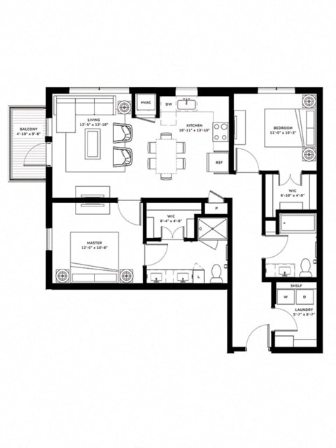 Floor plan for 2 beds, 2 baths, 1046 sqft