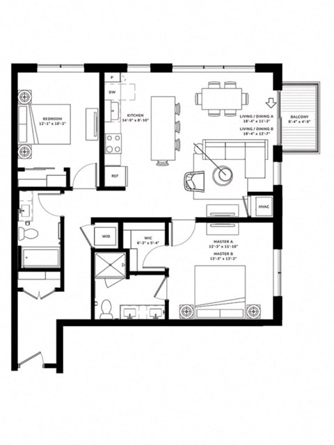 Floor plan for 2 beds, 2 baths, 1046 sqft