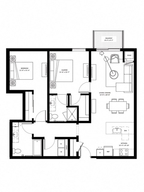 Floor plan for 2 beds, 2 baths, 1129 sqft