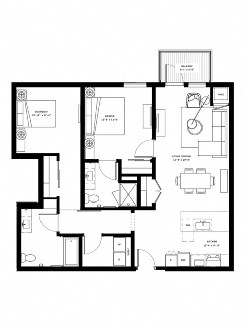 Floor plan for 2 beds, 2 baths, 1129 sqft