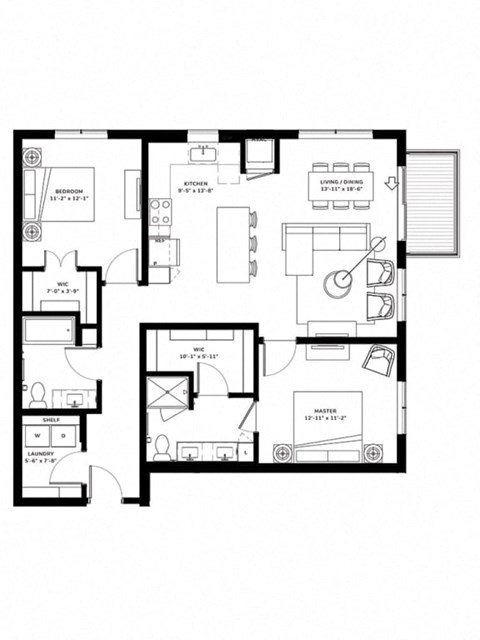 Floor plan for 2 beds, 2 baths, 1165 sqft