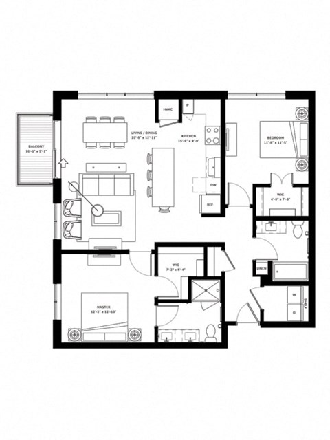 Floor plan for 2 beds, 2 baths, 1177 sqft