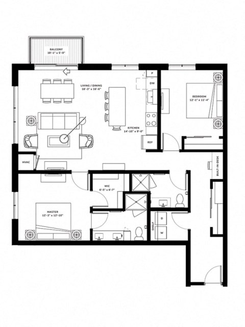 Floor plan for 2 beds, 2 baths, 1279 sqft