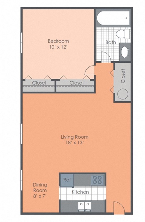 Floor plan for 1 bed, 1 bath, 740 sqft