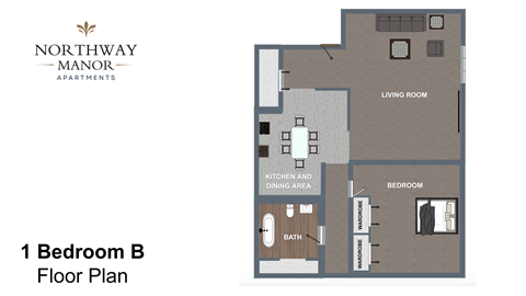 Floor plan for 1 bed, 1 bath, 643 sqft