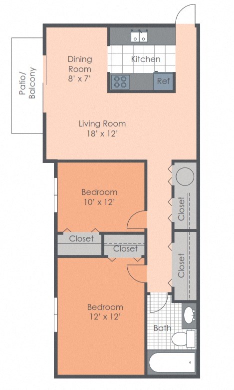 Floor plan for 2 beds, 1 bath, 840 sqft