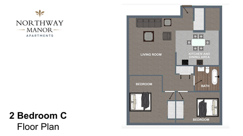 Floor plan for 2 beds, 1 bath, 758 sqft