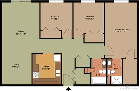 Floor plan for 3 beds, 2 baths, 1150 sqft