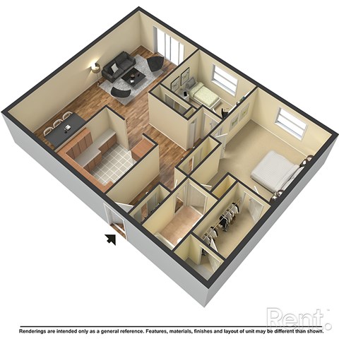 Floor plan for 2 beds, 1 bath, 800 sqft