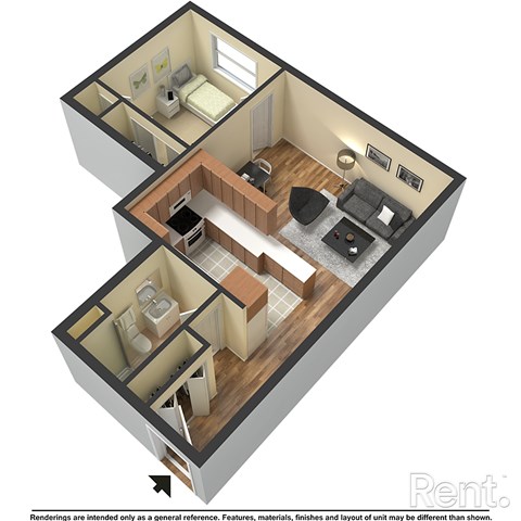 Floor plan for 1 bed, 1 bath, 500 sqft