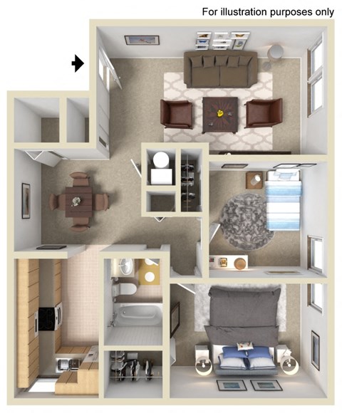 Floor plan for 2 beds, 1 bath, 970 sqft