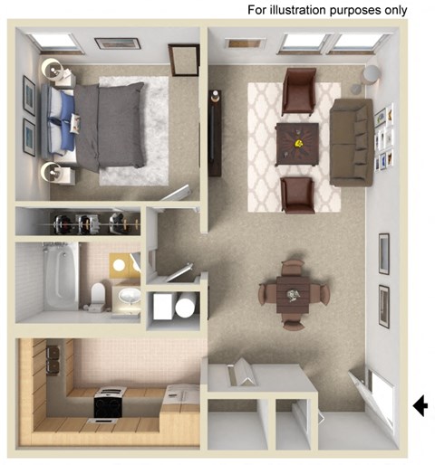 Floor plan for 1 bed, 1 bath, 676 sqft