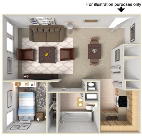 Floor plan for 1 bed, 1 bath, 598 sqft