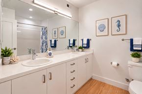 Santa Barbara apartment for rent - A bathroom with a white toilet, sink, and mirror.