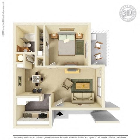 Floor plan for 1 bed, 1 bath, 670 sqft