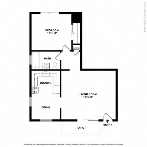Floor plan for 1 bed, 1 bath, 615 sqft