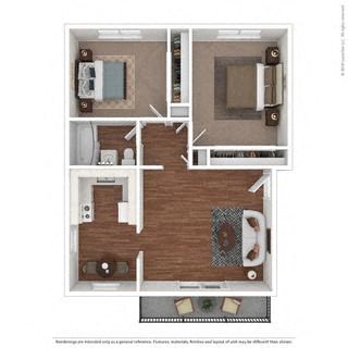 Floor plan for 2 beds, 1 bath, 835 sqft