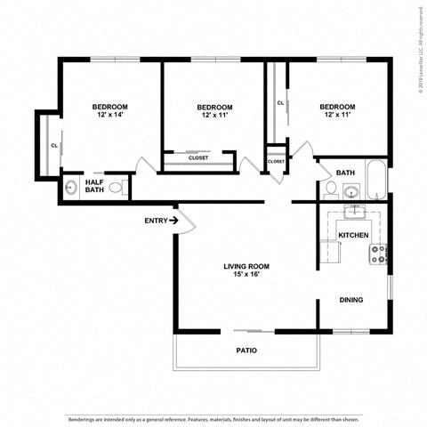 Floor plan for 3 beds, 2 baths, 1020 sqft
