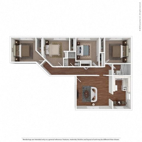 Floor plan for 4 beds, 2 baths, 1140 sqft