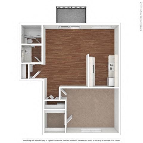Floor plan for 1 bed, 1 bath, 635 sqft