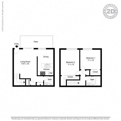 Floor plan for 2 beds, 2 baths, 939 sqft