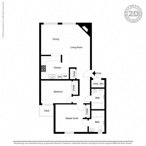 Floor plan for 2 beds, 2 baths, 985 sqft