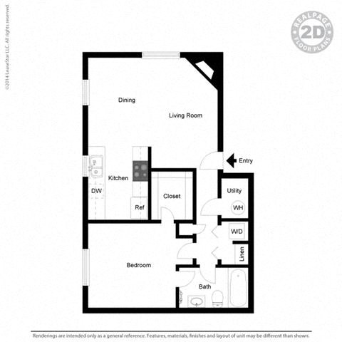 Floor plan for 1 bed, 1 bath, 743 sqft