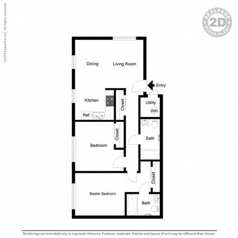 Floor plan for 2 beds, 2 baths, 953 sqft