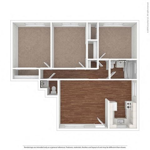 Floor plan for 3 beds, 1.5 baths, 917 sqft