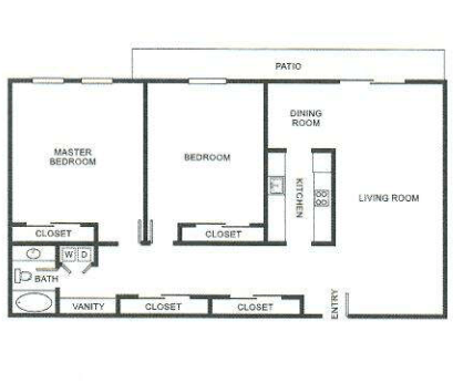 Floor plan for 2 beds, 1 bath, 1040 sqft