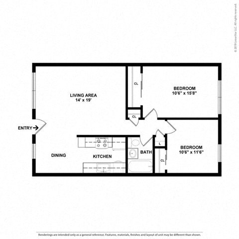 Floor plan for 2 beds, 1 bath, 792 sqft