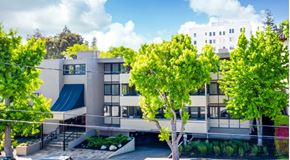 Burlingame apartment for rent - A modern building with a flat roof and large windows is surrounded by trees.