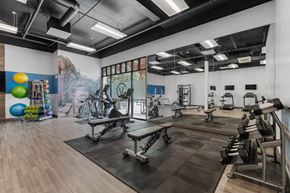 St. George apartment for rent - a gym with treadmills and other exercise equipment and a mural on the wall at City View St. George Apartments, St George, UT