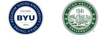The image shows two circular logos, one for brigham young university and the other for utah valley university.