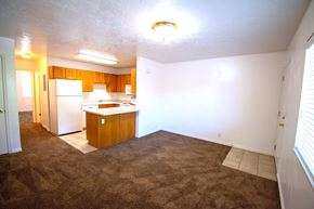 Provo apartment for rent - A kitchen with brown carpeting and wooden cabinets.