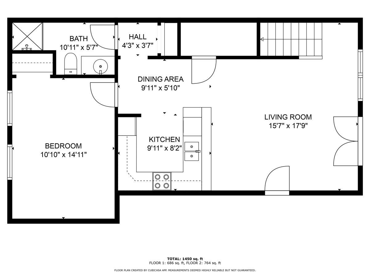 Floor plan for 3 beds, 2 baths, 1449 sqft