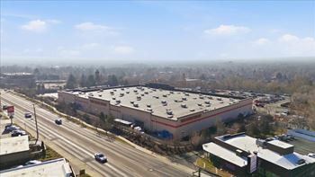 Aerial view of large buildings