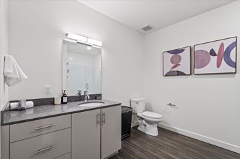 A bathroom with a toilet, sink, and mirror.