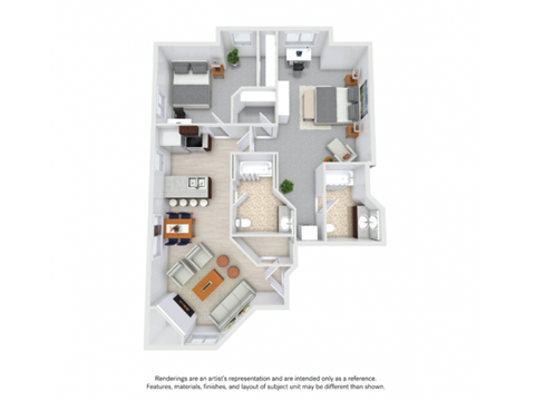 Floor plan for 2 beds, 2 baths, 950 sqft