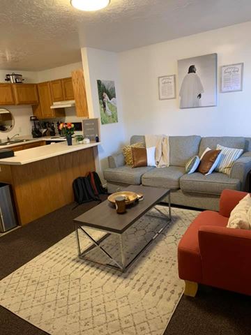 Provo apartment for rent - A living room with a grey couch and a red chair.