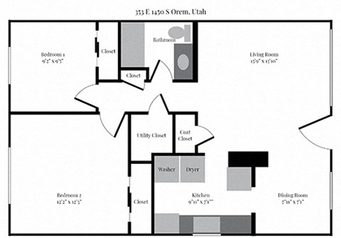 Floor plan for 2 beds, 1 bath, 850 sqft