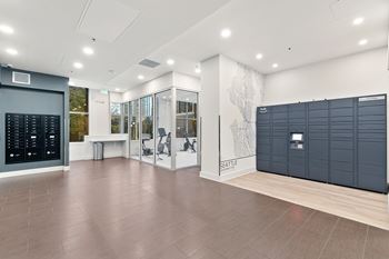 Modern office lobby with a reception desk