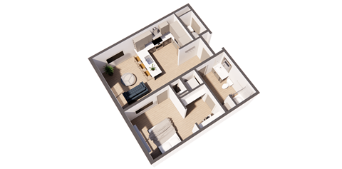 Floor plan for 1 bed, 1 bath, 686 sqft