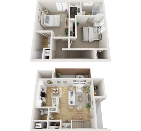 Floor plan for 2 beds, 2.5 baths, 1029 sqft